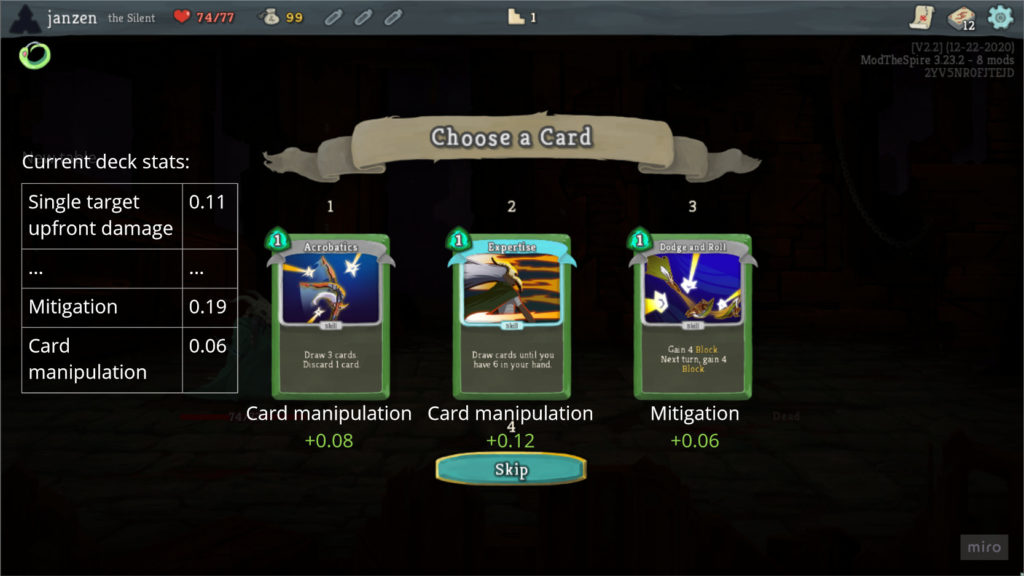 A Slay the Spire screenshot of card reward selection annotated with example deck statistics and how the offered cards would change those statistics