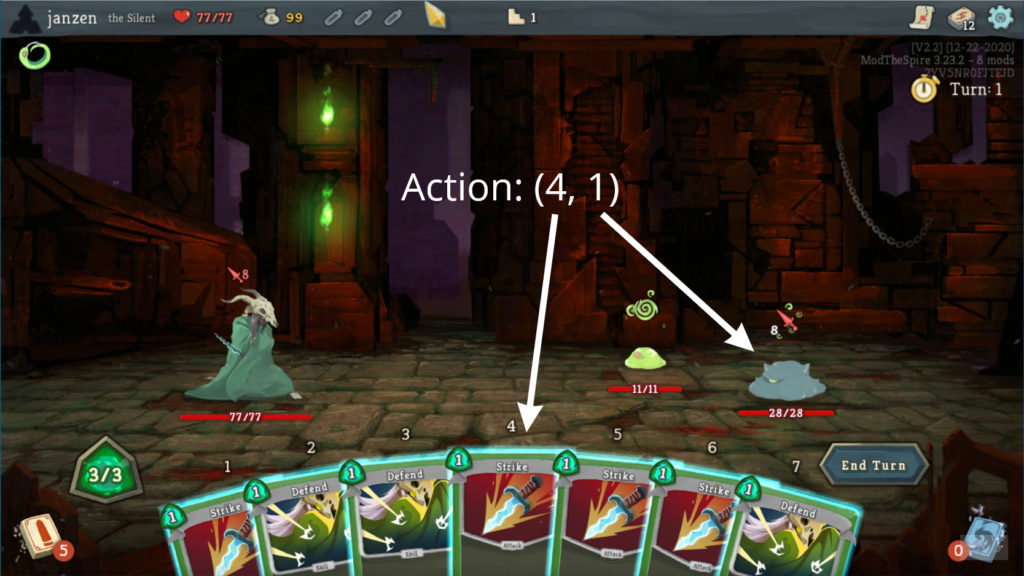 A Slay the Spire screenshot annotated to indicate playing card at index 4 against monster at index 1